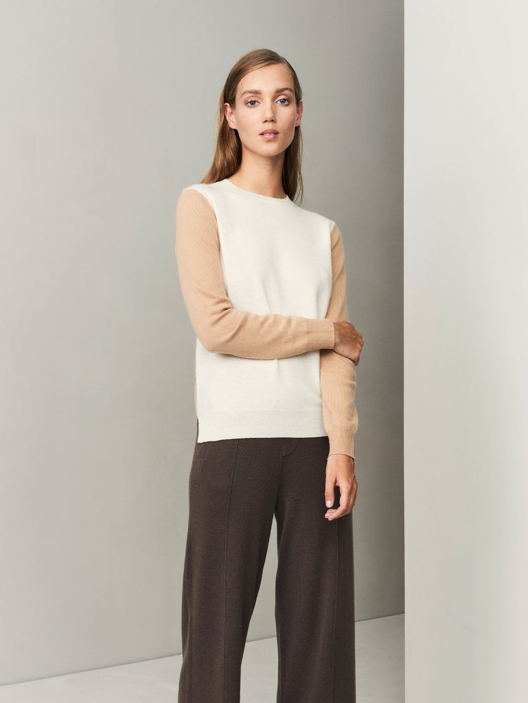 Balance Blocks Cashmere Sweater - Winter White x Camel - Movers & Cashmere