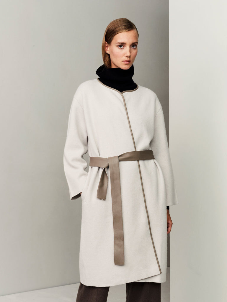 The Movers Cashmere-Leather Wrap Coat - Bone Grey - Movers & Cashmere