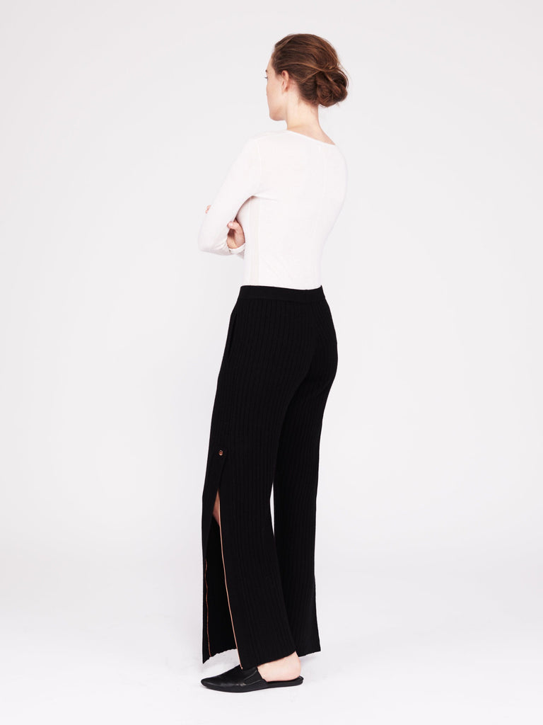 Get Set Ribbed Cashmere Wide-Leg Track Pants - Black - Movers & Cashmere