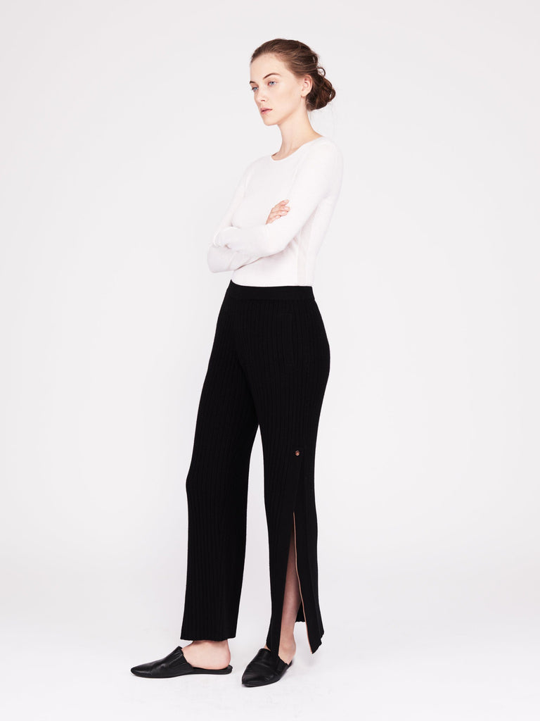 Get Set Ribbed Cashmere Wide-Leg Track Pants - Black - Movers & Cashmere