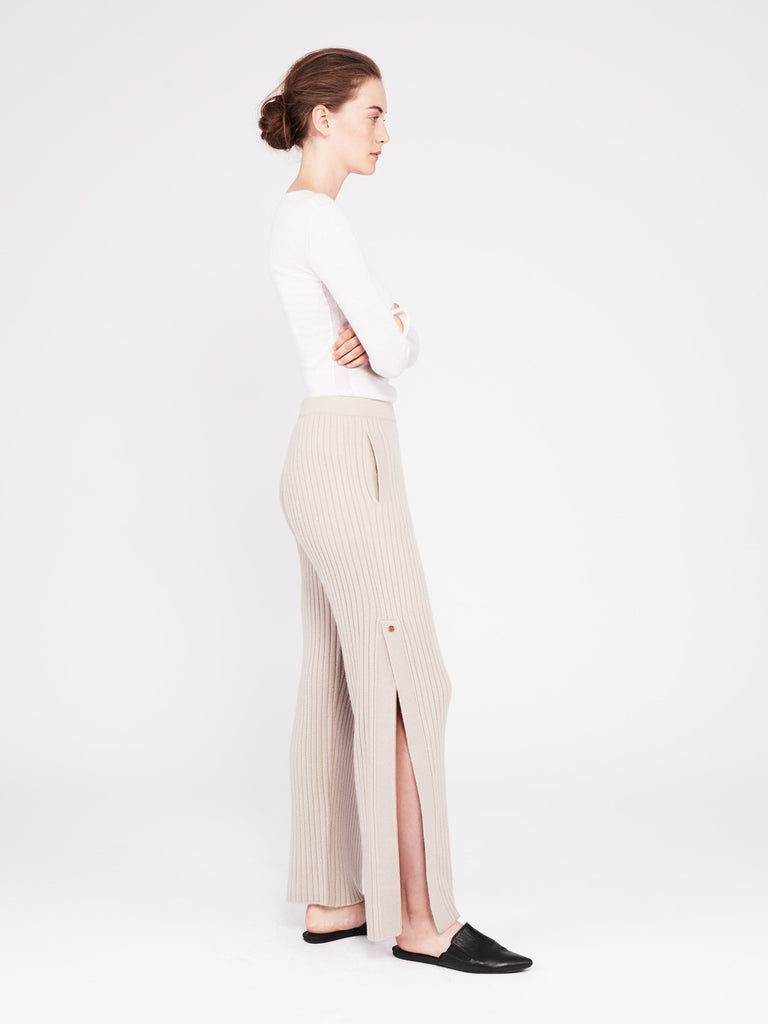 Get Set Ribbed Cashmere Wide-Leg Track Pants - Sand - Movers & Cashmere