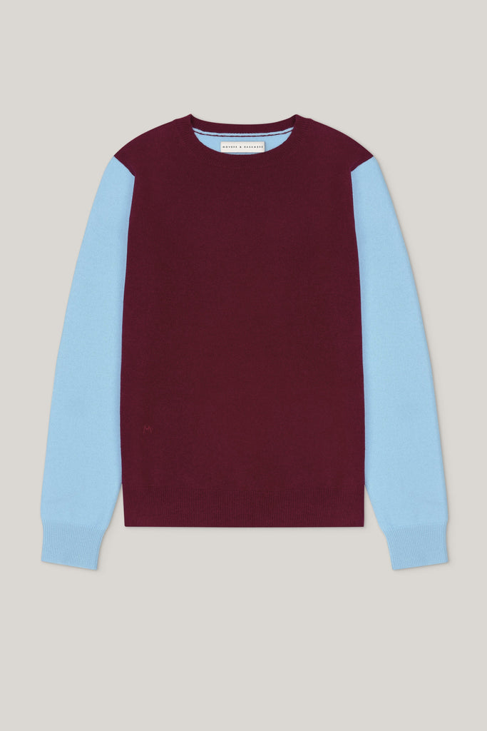 Balance Blocks Cashmere Sweater - Autumn Burgundy x Sky Blue - Movers & Cashmere